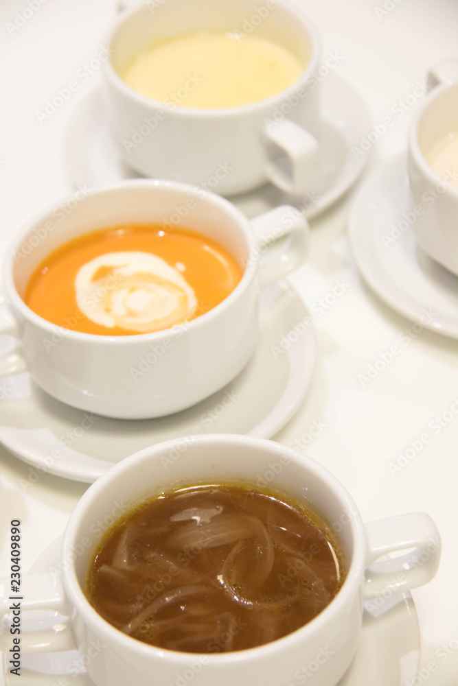Variety of cream soups in white Variety of cream soups in white