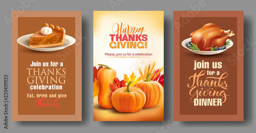 Design templates for Thanksgiving dinner invitation. Vector set. 