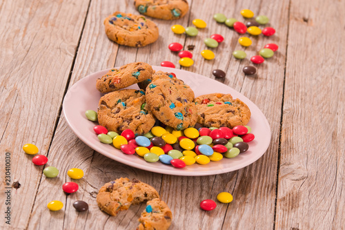 Candy coated cookies.