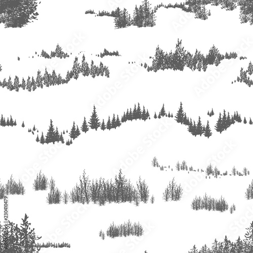 Seamless pattern with hand drawn woodland trees and shrubs growing on hills or mountains