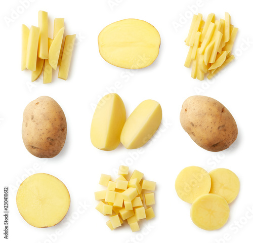 Foto Set of fresh whole and sliced potatoes