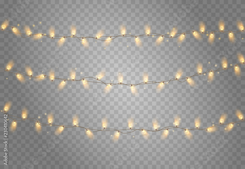 Yellow festive garlands of decorative lanterns on transparent background.