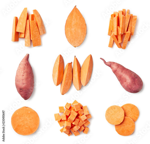 Set of fresh whole and sliced sweet potatoes