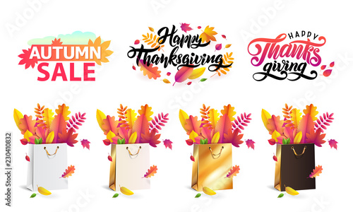 Vector set autumn fallen leaves in gift shopping bags gold, white, black. Thanksgiving lettering set, text autumn sale.