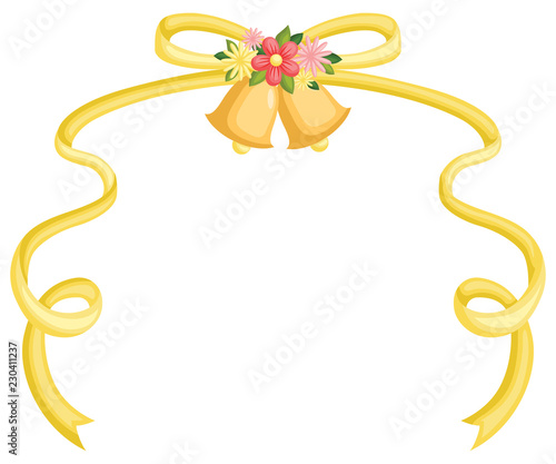 a wedding bell with a yellow ribbon attached