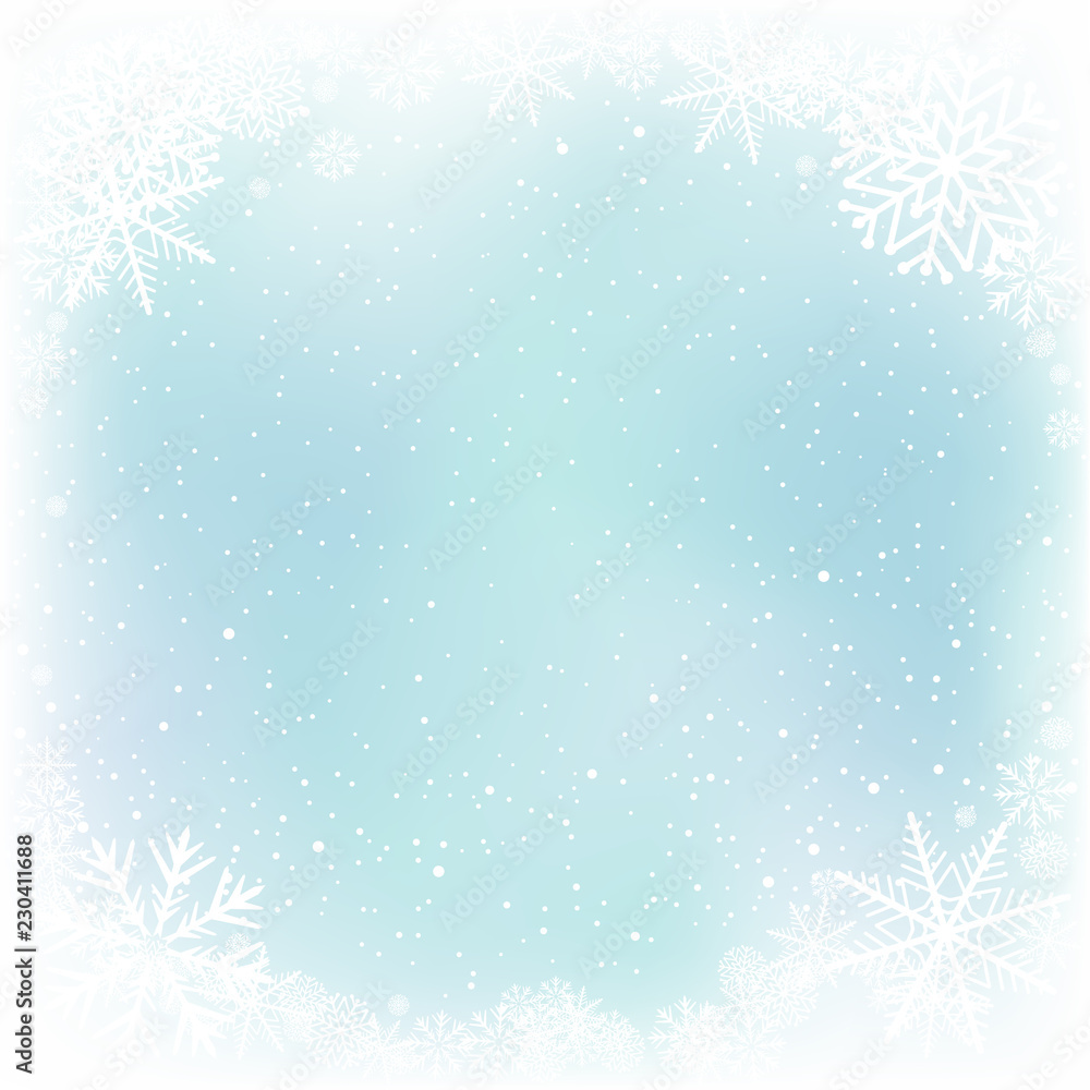 Blue sky and snow winter frame background. Frosty close-up wintry snowflakes. Ice shape pattern template. Christmas holiday decoration backdrop