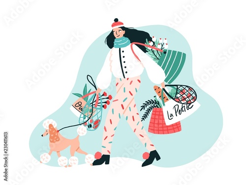 Smiling young woman dressed in trendy outerwear walking her poodle dog on leash and carrying bags with purchased products. Stylish pet owner. Colorful vector illustration in flat cartoon style.