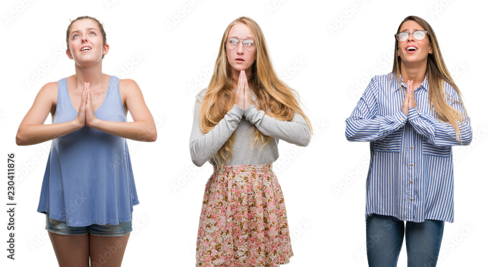 Fototapeta premium Collage of group of blonde women over isolated background begging and praying with hands together with hope expression on face very emotional and worried. Asking for forgiveness. Religion concept.