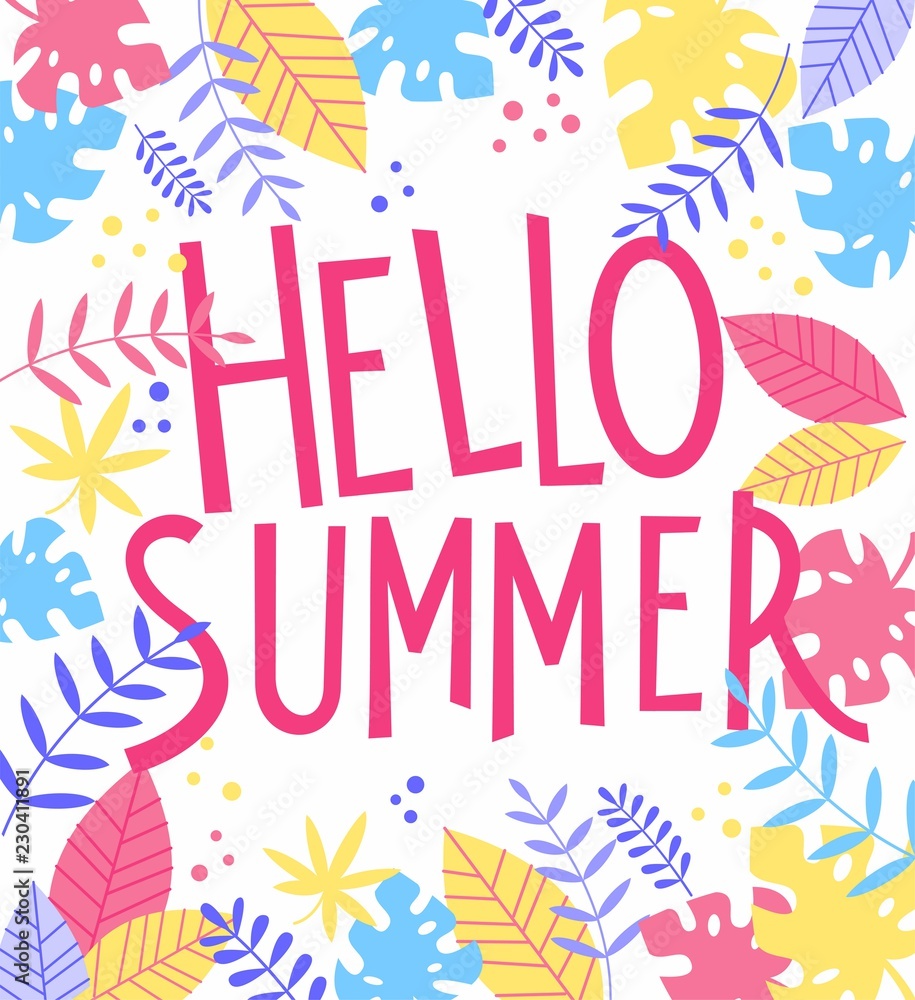 Hello summer card with tropical colorful leaves