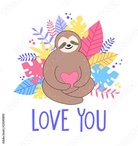 Card print with cute sloth and colorful tropical leaves. Vector ilustration