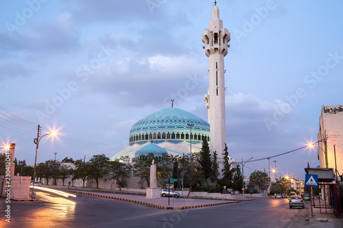 King Abdullah Mosque at night in Amman, Jordan photo