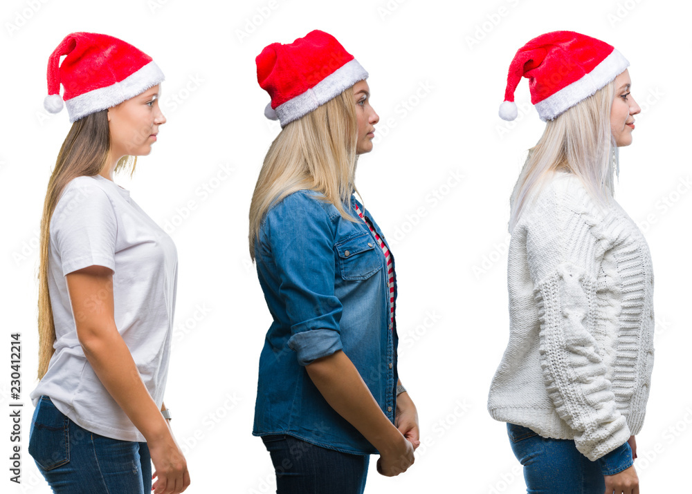 Collage of group of young women wearing christmas hat over isolated background looking to side, relax profile pose with natural face with confident smile. Collage of group of young women wearing christmas hat over isolated background looking to side, relax profile pose with natural face with confident smile.