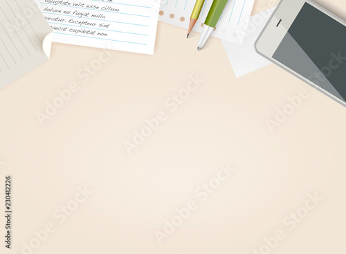 Office table with notepads and phone. View from above with place for your text. Vector Illustration. - Illustration