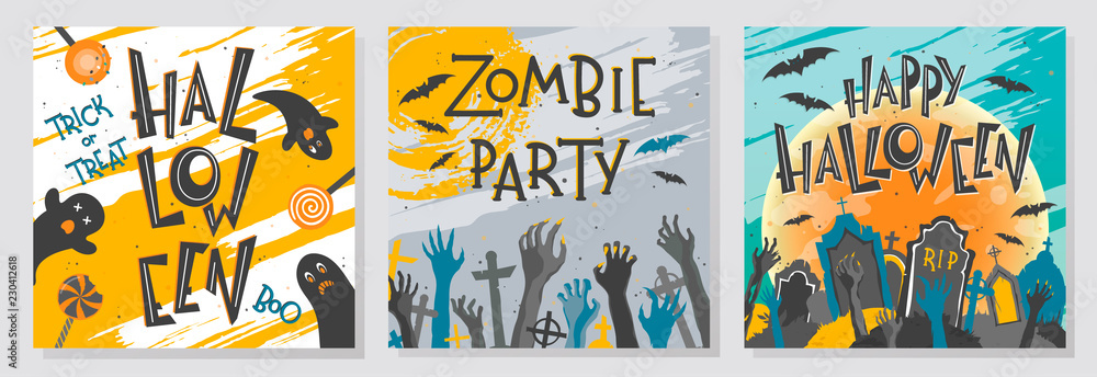 Collection of Halloween greetings with hand painted lettering,ghosts,zombi hands,cemetery and bats.Perfect for prints,party flyers,cards,promos,holiday invitations and more.Halloween illustrations.