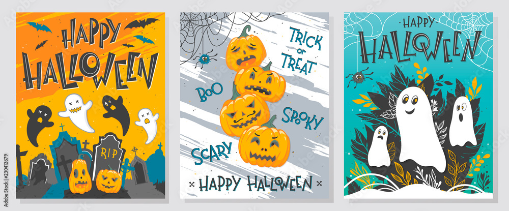 Fototapeta premium Collection of Halloween greetings with hand painted lettering,ghosts,pumpkins and spider web.Perfect for prints,party flyers,cards,promos,holiday invitations and more.Vector Halloween illustrations.