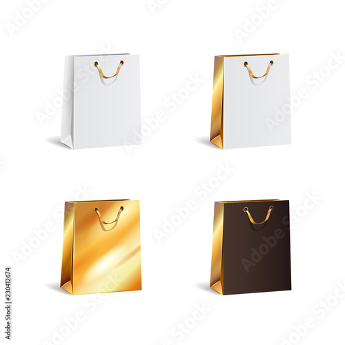 Vector set of empty shopping bags with gold. White black gold color. Realistic Isolated mock up collection shopping bags