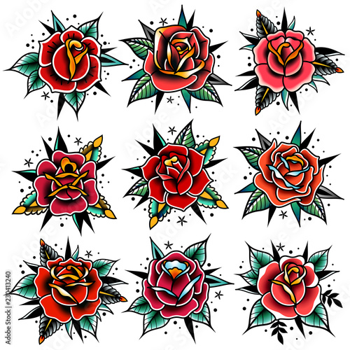 old school tattoo red roses with leaves set