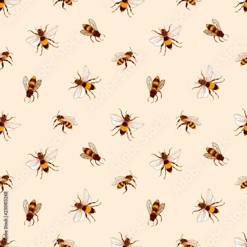 Photography Elegant seamless pattern with honey bees on light background