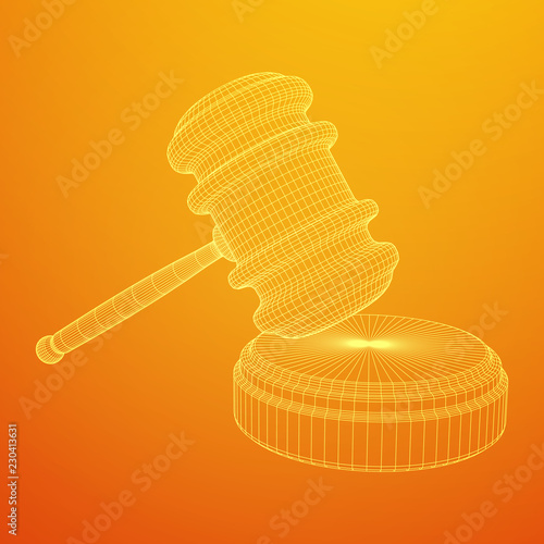 Gavel, hammer of judge or auctioneer. Wireframe low poly mesh vector illustration