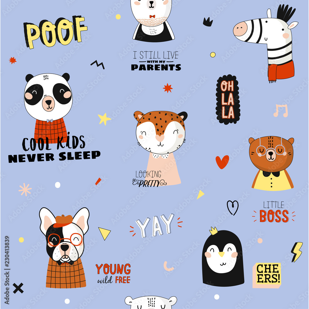 Super cute animal seamless pattern in vector. Trendy illustration with  funny animals and cool typography. Color background. Panda, bear, zebra,  penguin, dog. Scandinavian kids collection Stock Vector | Adobe Stock