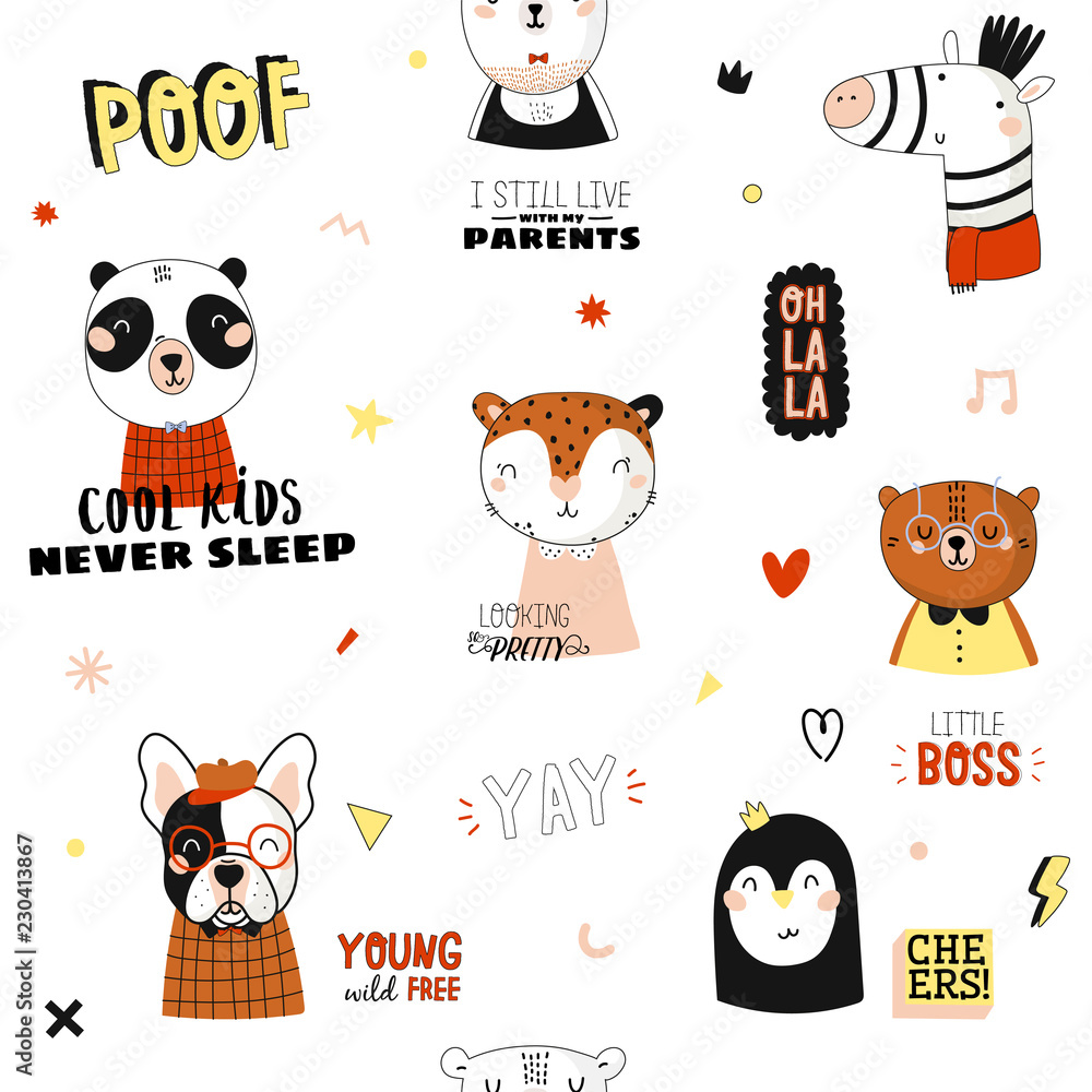Super cute animal seamless pattern in vector. Trendy illustration with  funny animals and cool typography. White background. Panda, bear, zebra,  penguin, dog. Scandinavian kids collection Stock Vector | Adobe Stock