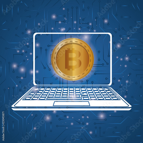 laptop with virtual coin bitcoin