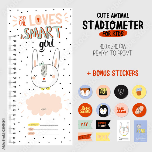 Super cute stadiometer set in vector. Funny animal illustration. Stickers and memo pads. Children scandinavian collection for nursery and baby wall decor.