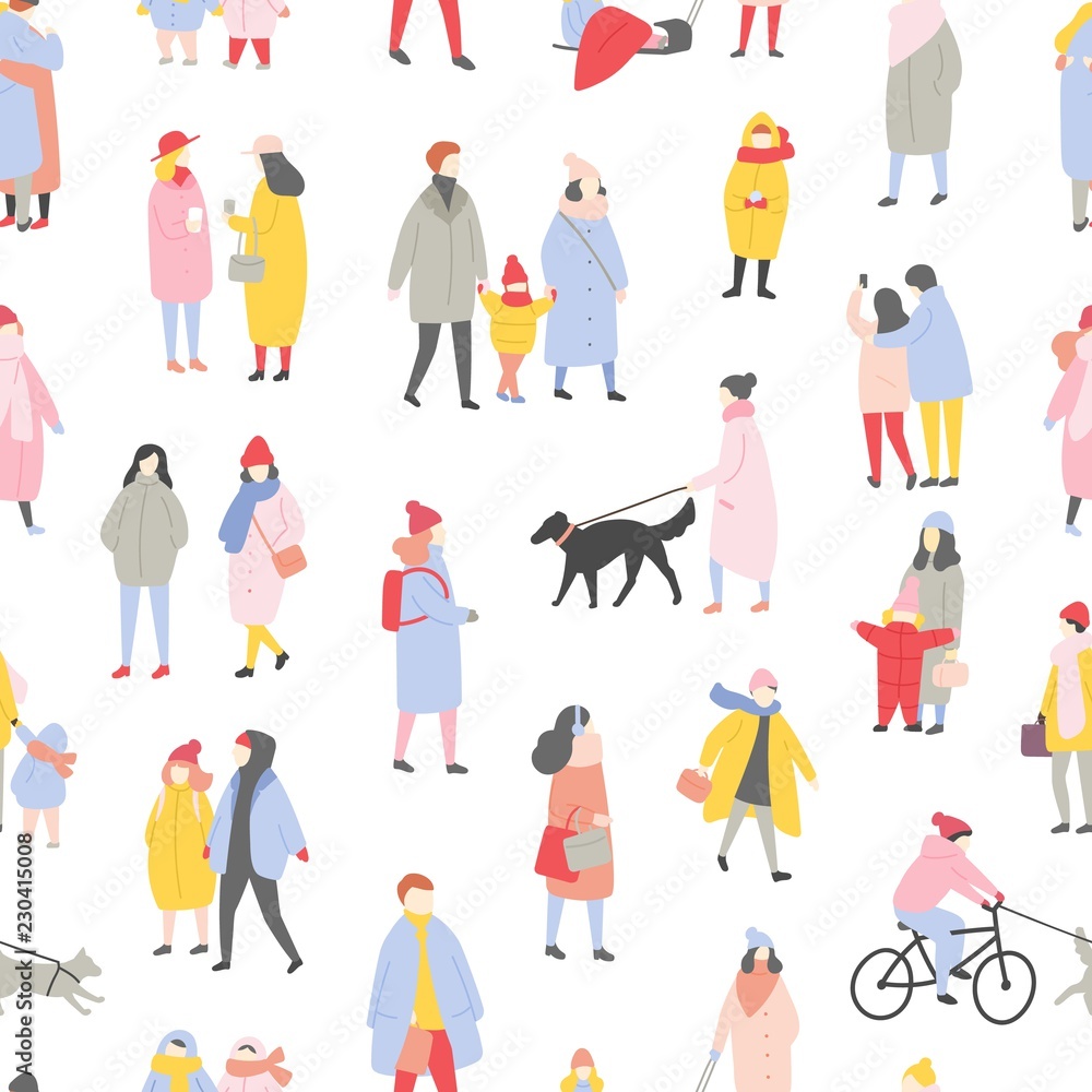 Seasonal seamless pattern with tiny men, women and children dressed in winter clothes walking on city street, riding bike, standing and talking. Colorful vector illustration in flat cartoon style.