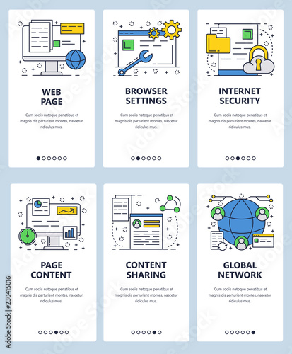 Vector web site linear art onboarding screens template. Web page content, browser setting and internet security. Menu banners for website and mobile app development. Modern design flat illustration.