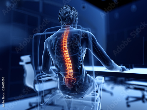 3d rendered illustration of a man working on a pc - having a painful back