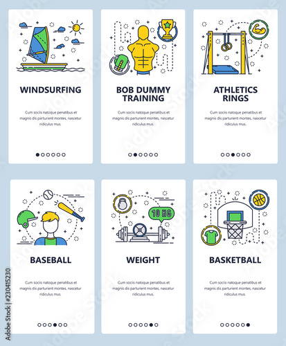 Vector web site linear art onboarding screens template. Sport icons, basketball, baseball, windsurfing, fitness. Menu banners for website and mobile app development. Modern design flat illustration.
