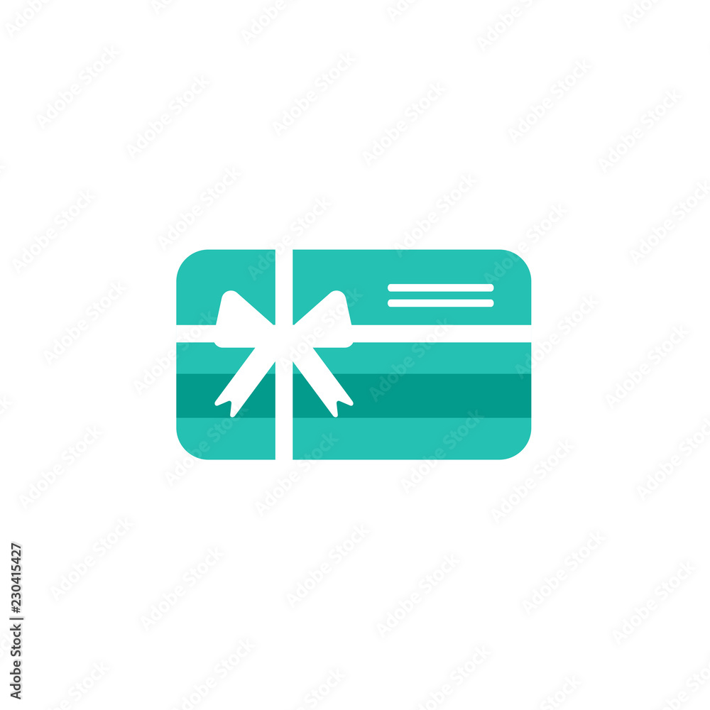 Blue credit debit card with white bow and ribbon. Gift card icon. Bank present sign. Vector flat icon Blue credit debit card with white bow and ribbon. Gift card icon. Bank present sign. Vector flat icon