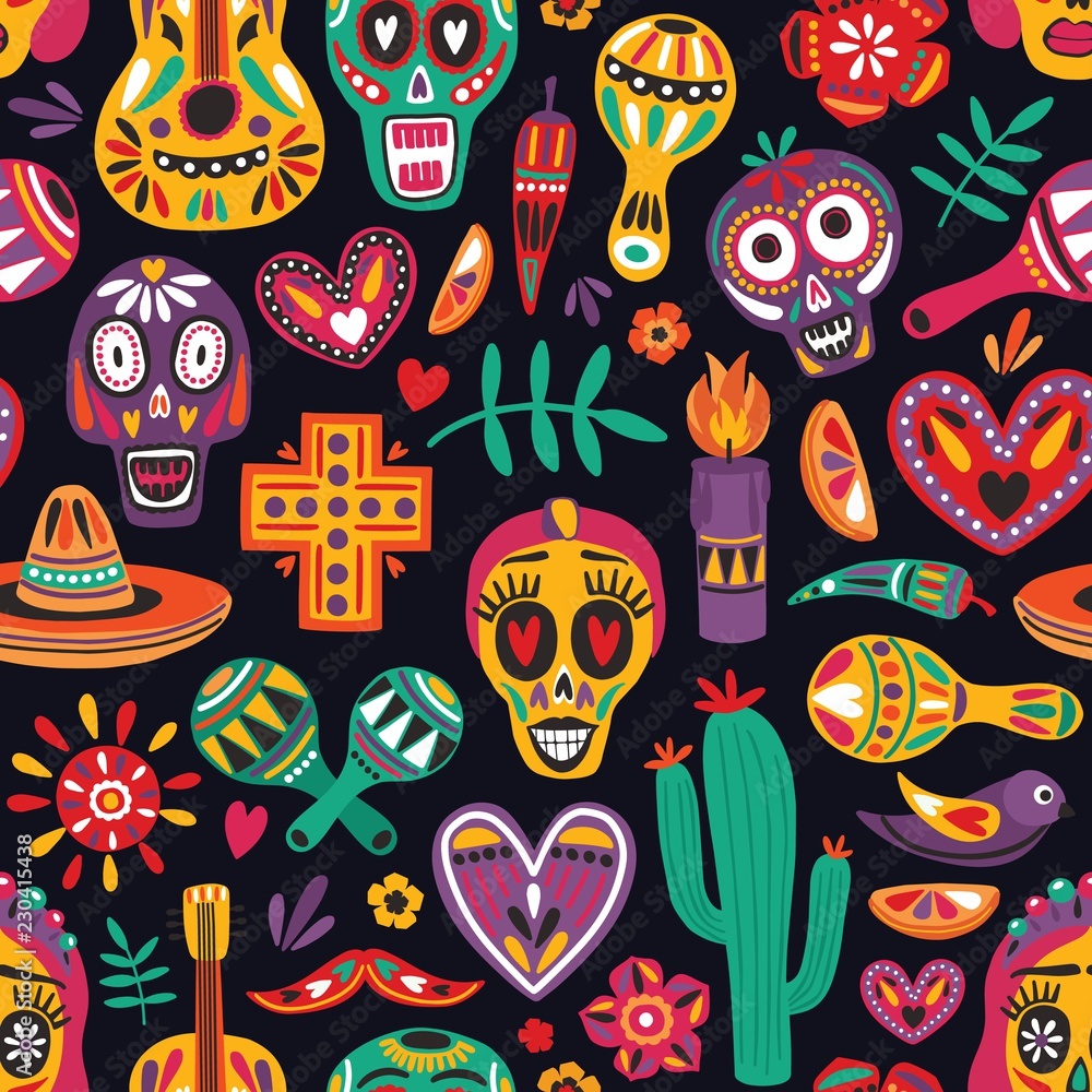 Colored seamless pattern with traditional Dia de los Muertos decorations on black background. Holiday backdrop. Festive flat cartoon vector illustration for wrapping paper, textile print, wallpaper.