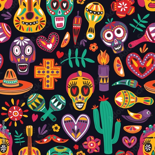 Colored seamless pattern with traditional Dia de los Muertos decorations on black background. Holiday backdrop. Festive flat cartoon vector illustration for wrapping paper  textile print  wallpaper.