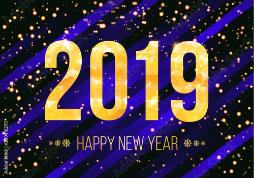 2019 Happy New Year. Golden numbers with confetti background. Template for your seasonal flyers and greetings card. Vector illustration.