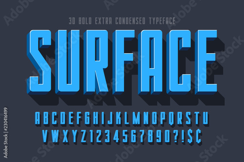 Condensed 3d display font design, alphabet, letters