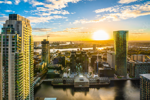 Sunrise at Canary Wharf in London City, aerial view from top of the building.