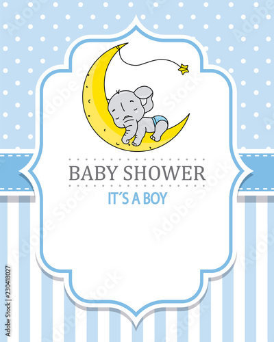 baby shower boy. Cute elephant sleeping on the moon