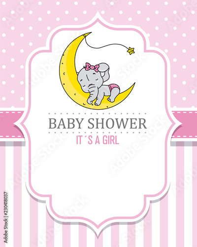 baby shower girl. Cute elephant sleeping on the moon