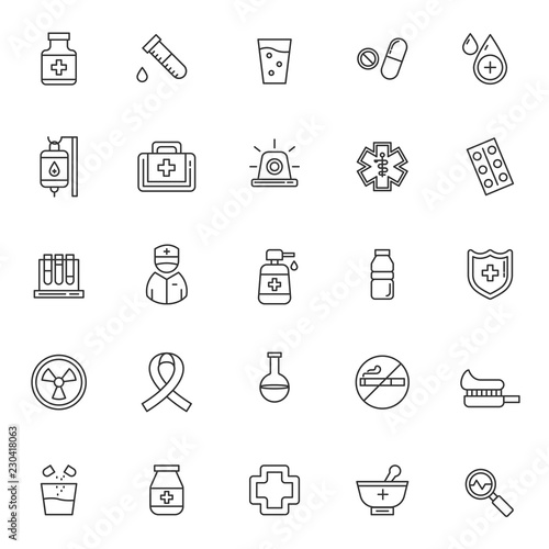 set of medical icons, with simple black line, editable stroke, use for healthcare or hospital web icon asset and pictogram presentation, herbal, medicine, medic, style, medical illustration.