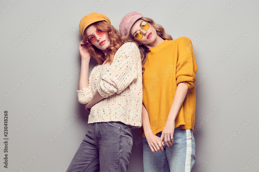 Two Girls Having Fun. Fashion Autumn Outfit - obrazy, fototapety, plakaty 
