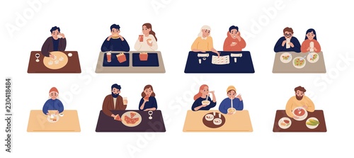 Collection of cute people sitting at tables and eating different delicious meals. Set of men and women trying tasty food at restaurant or cafe. Colorful vector illustration in flat cartoon style. photo