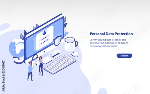 Web banner template with giant computer, pair of tiny people carrying padlock and place for text. Personal data protection, secure digital information access. Colorful isometric vector illustration. © Good Studio