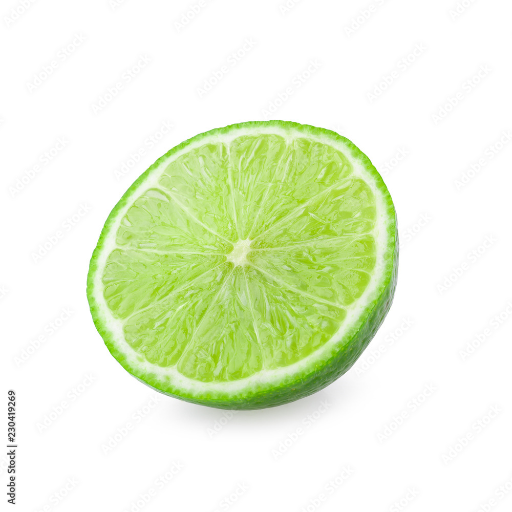 Half with slice of fresh green lime isolated on white background Half with slice of fresh green lime isolated on white background