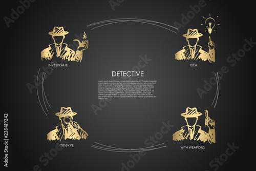 Detective - investigate, observe, idea, with weapons vector concept set