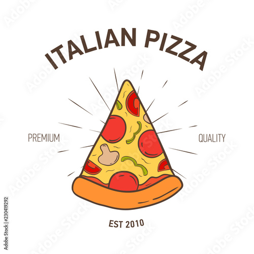 Elegant logotype with pizza slice and radial rays on white background