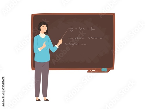 Happy young female college teacher, university professor, lecturer or educational worker standing beside chalkboard, holding pointer and teaching. Colorful vector illustration in flat cartoon style.