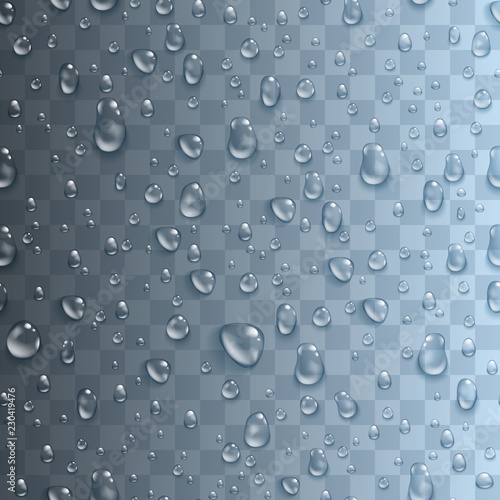 Seamless pattern with realistic transparent water drops. Endless backdrop with condensed droplets on bright pink background. Wet surface and clear liquid formed by condensation. Vector illustration.