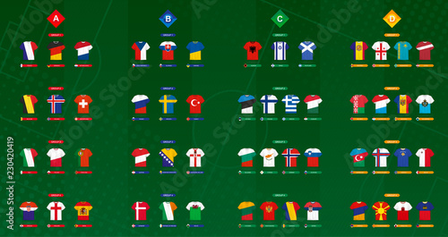 Football jersey with flag Collection, European soccer teams. Green football vector background.