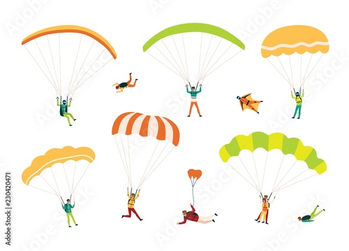Collection of parachutists and skydivers isolated on white background. Bundle of people performing free fall, parachuting and wingsuit flying. Colorful vector illustration in flat cartoon style.